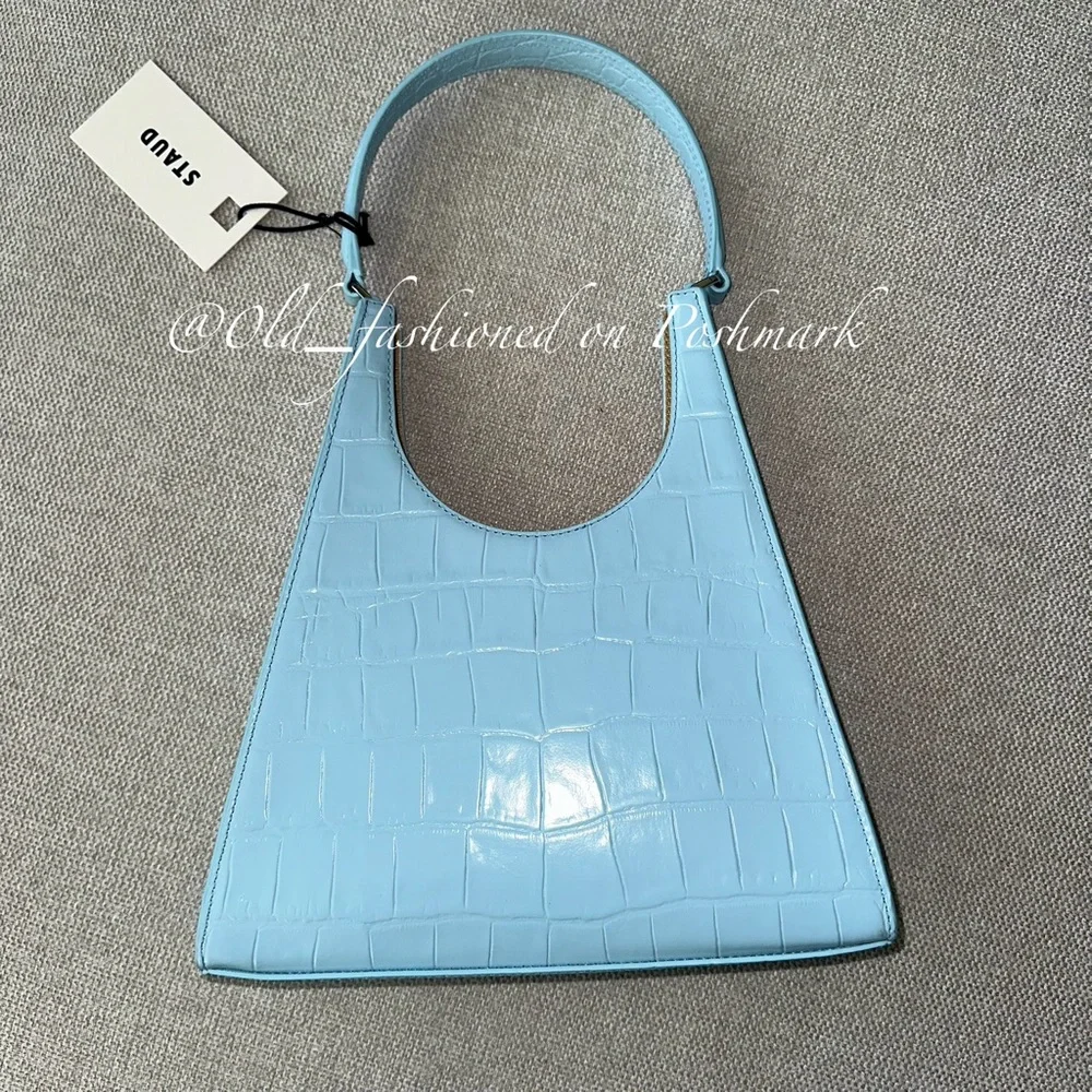 STAUD Rey Leather Bag - Faux Croc Tile Blue (Price Firm)